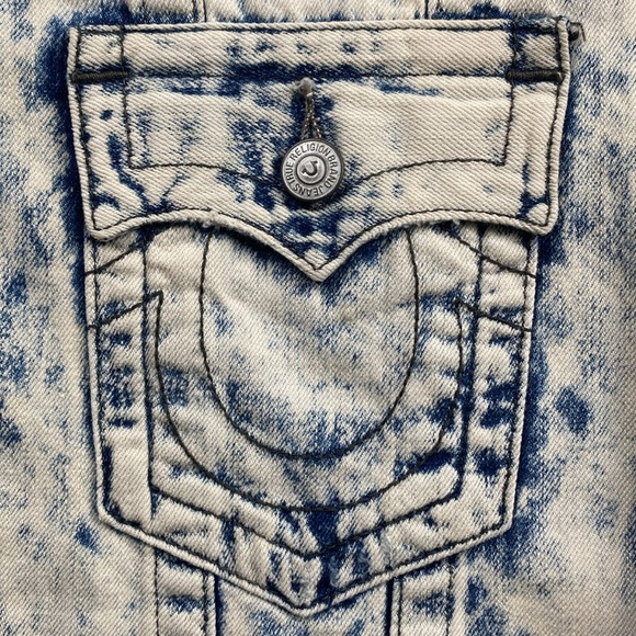 True Religion Jimmy Distressed Denim Acid Wash LS Bomber Jacket (White Tide) - Picture 12 of 16